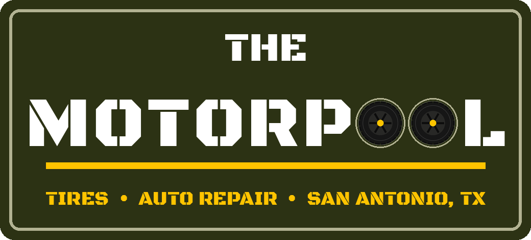 The Motorpool wordmark with tires in the two O's of POOL